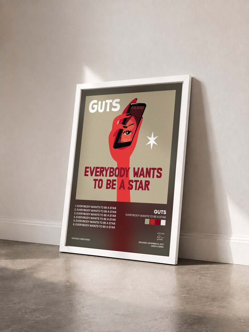 #blanc Everybody Wants to Be a Star by Guts as a framed art print seen at an angle, white frame