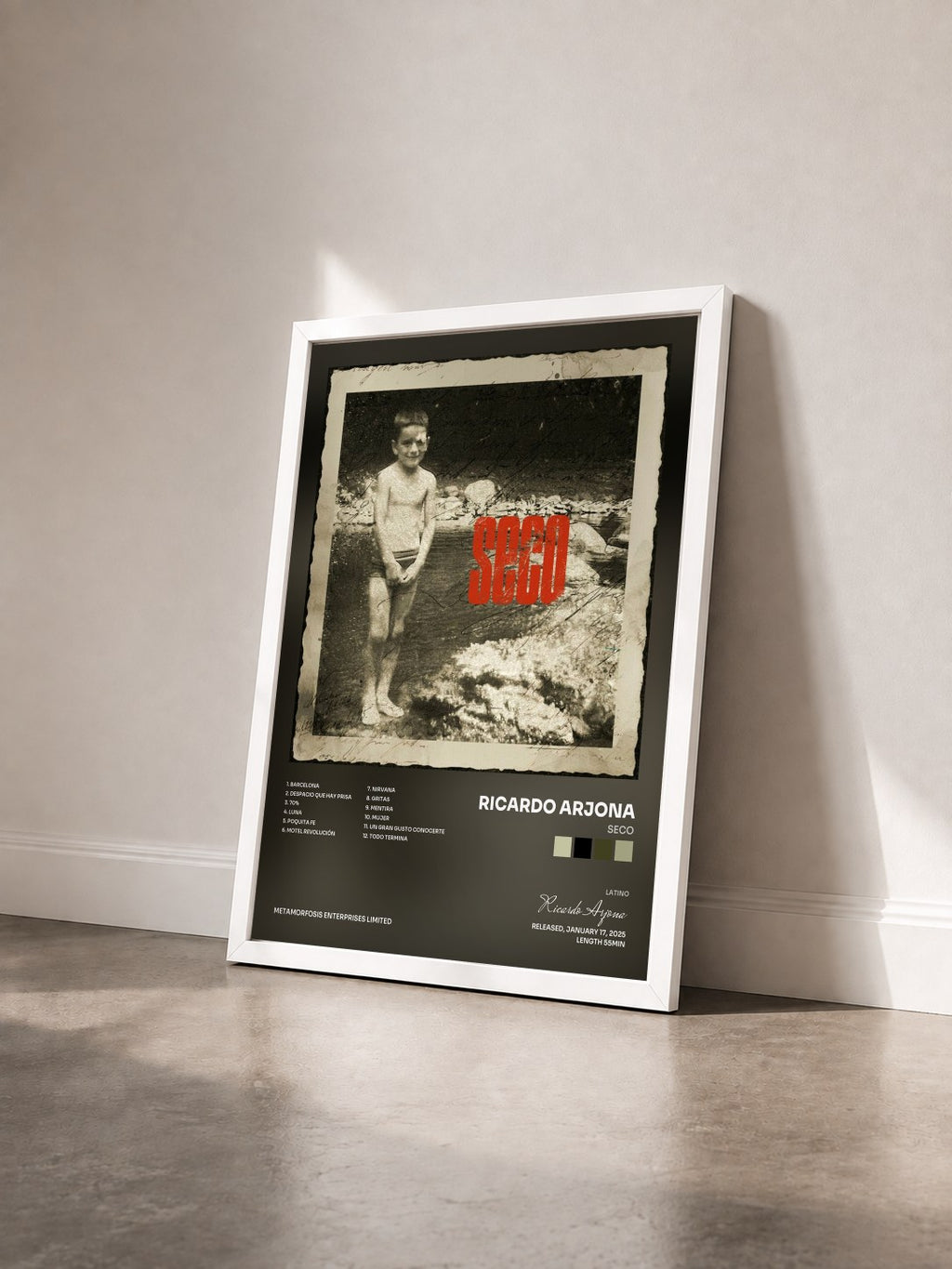 #blanc Tableau de l'album SECO de Ricardo Arjona vu de trois quarts, cadre blanc
