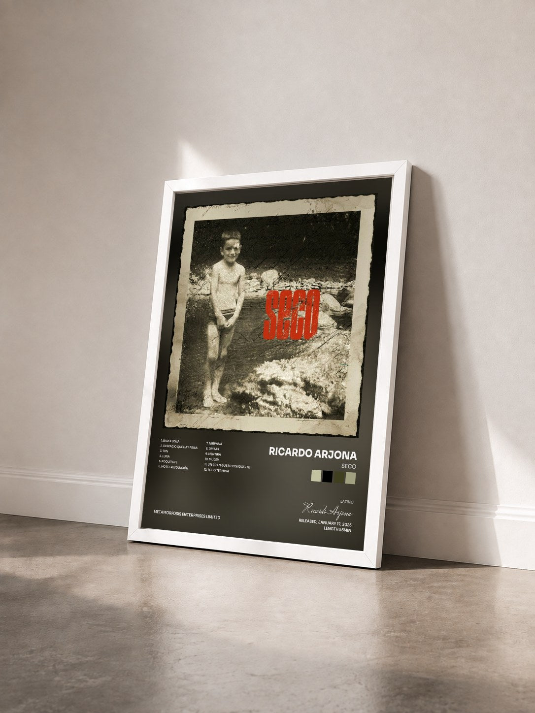 #blanc Tableau de l'album SECO de Ricardo Arjona vu de trois quarts, cadre blanc