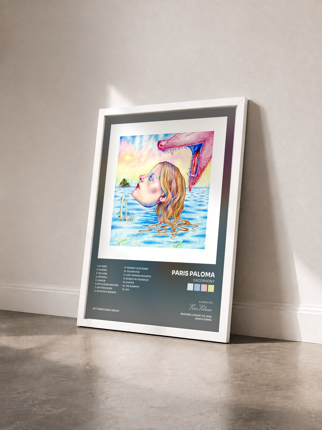 #blanc Tableau de l'album Cacophony de Paris Paloma vu de trois quarts, cadre blanc