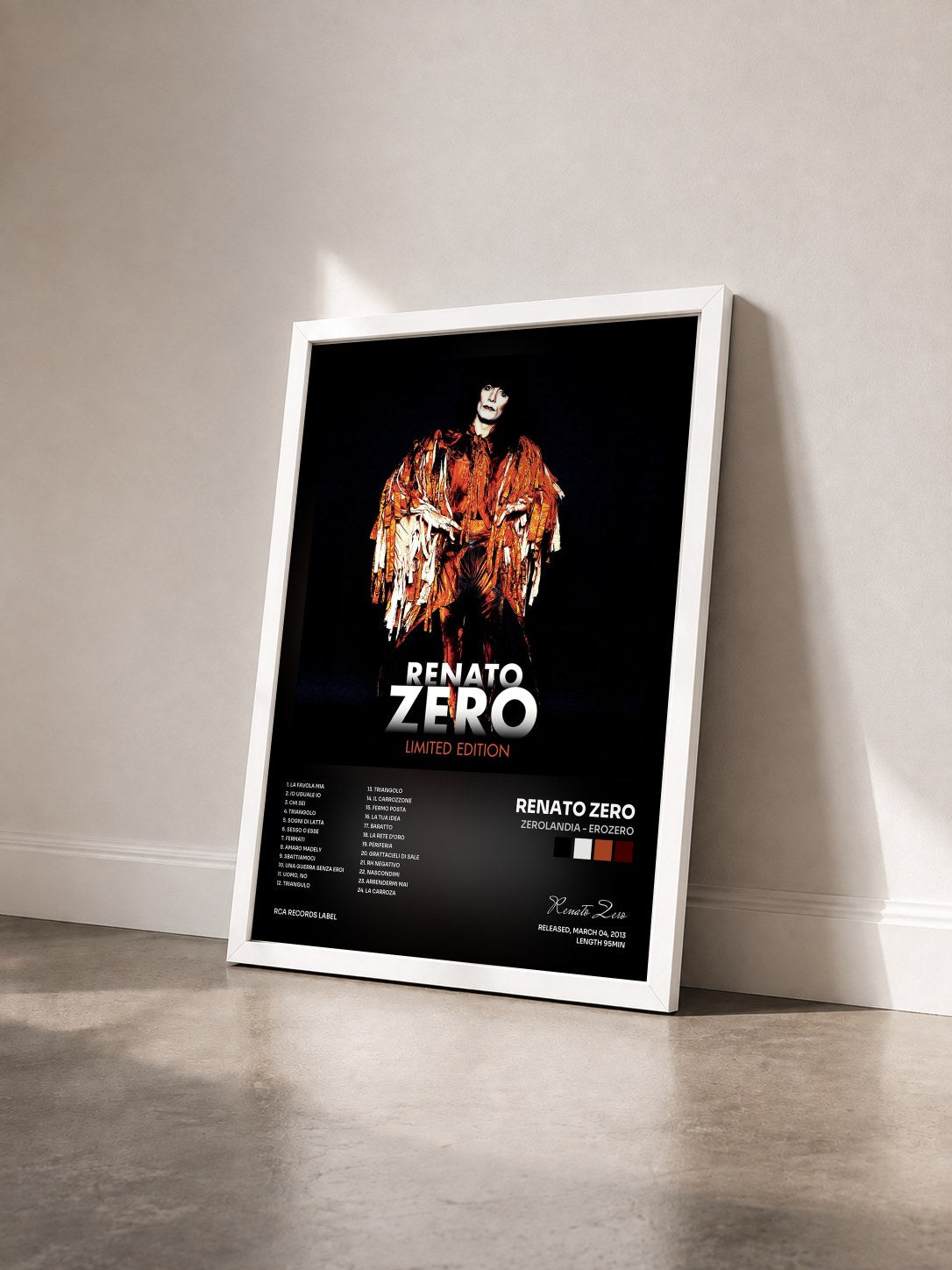 #blanc Tableau de l'album Zerolandia - Erozero de Renato Zero vu de trois quarts, cadre blanc