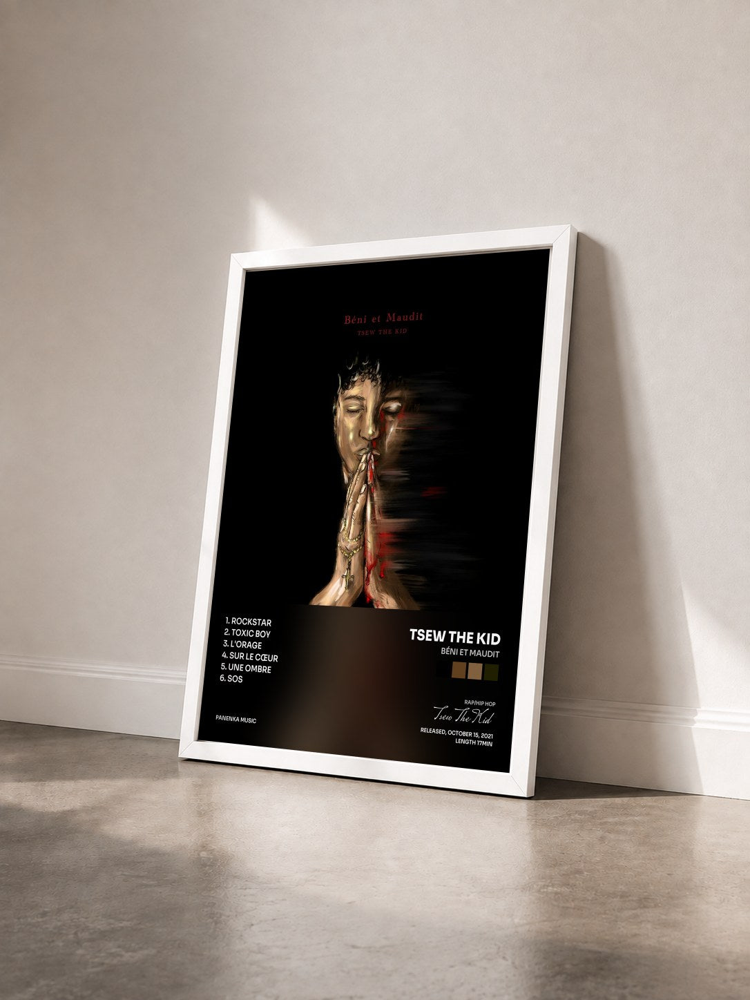 #blanc Tableau de l'album Béni et maudit de Tsew The Kid vu de trois quarts, cadre blanc
