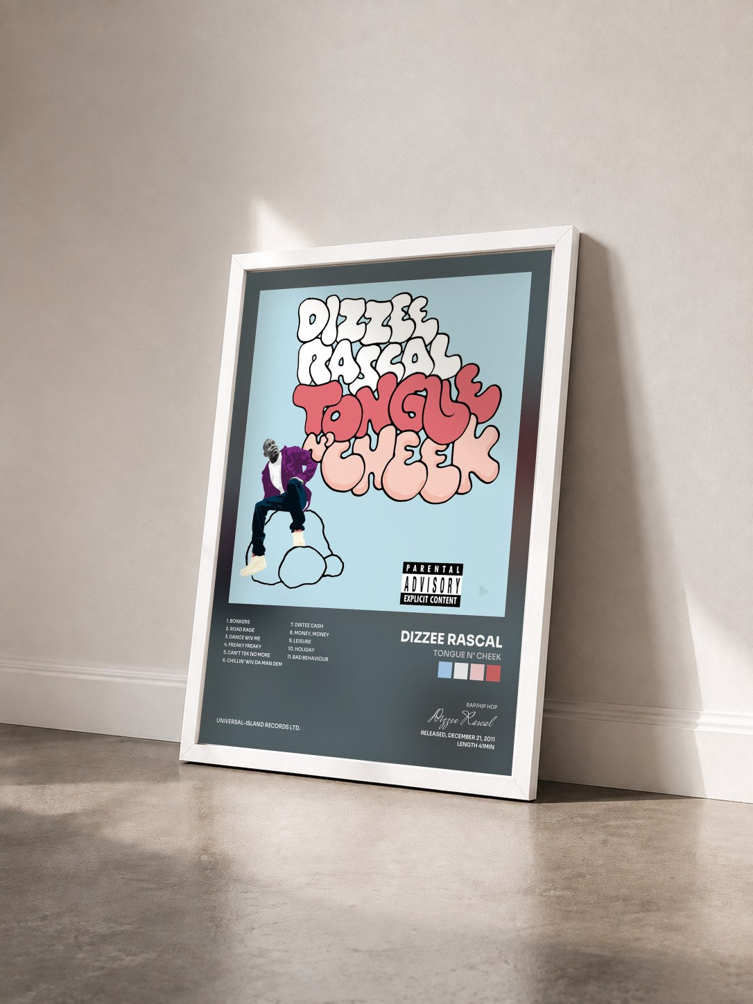 #blanc Tableau de l'album Tongue N' Cheek de Dizzee Rascal vu de trois quarts, cadre blanc
