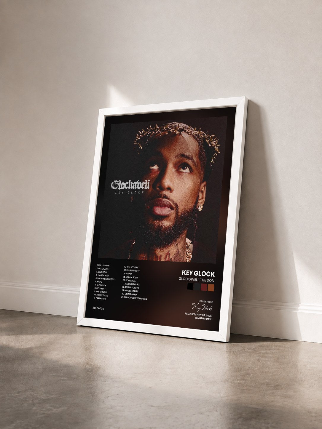 #blanc Tableau de l'album Glockaveli: The Don de Key Glock vu de trois quarts, cadre blanc