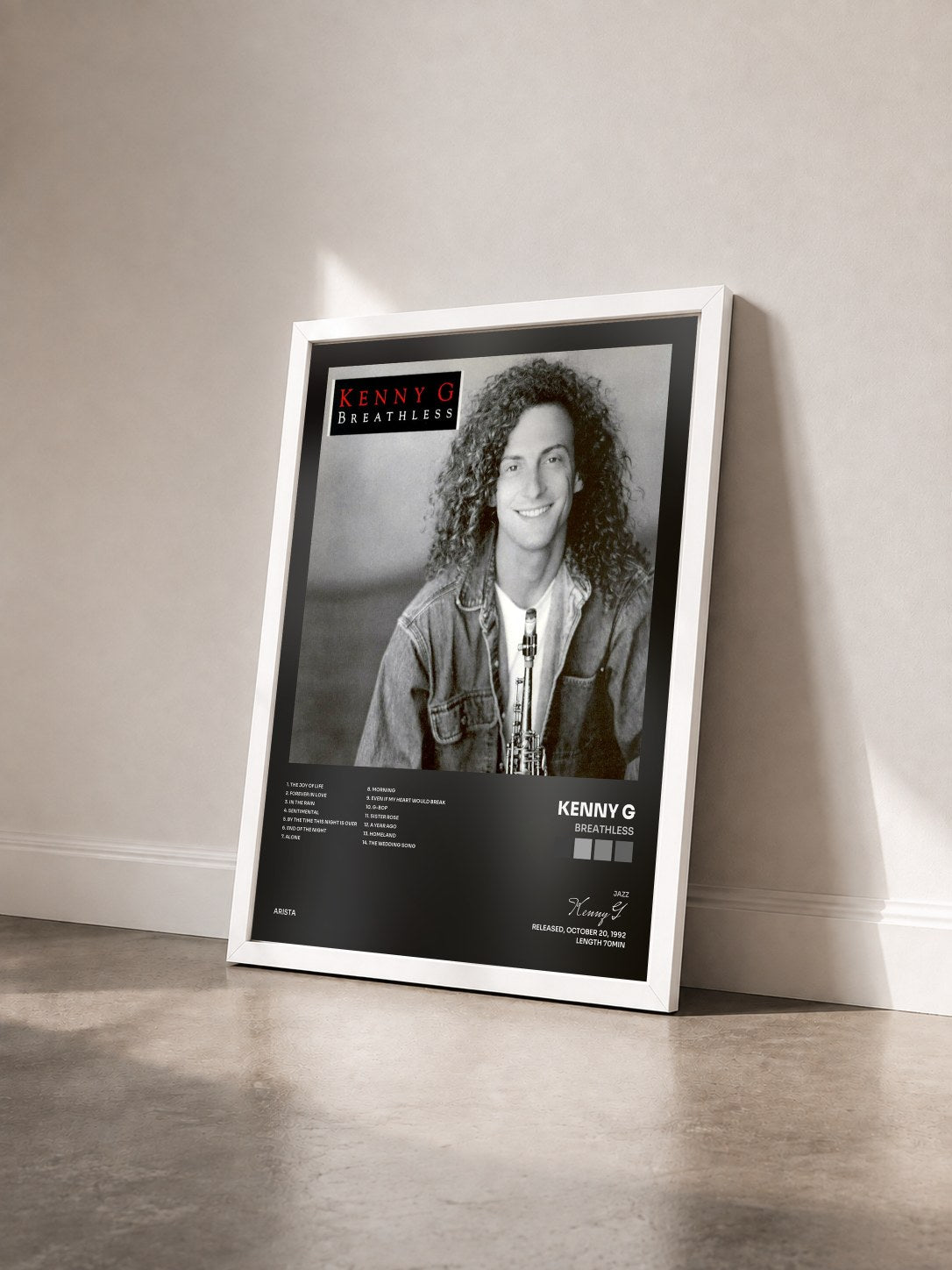 #blanc Tableau de l'album Breathless de Kenny G vu de trois quarts, cadre blanc