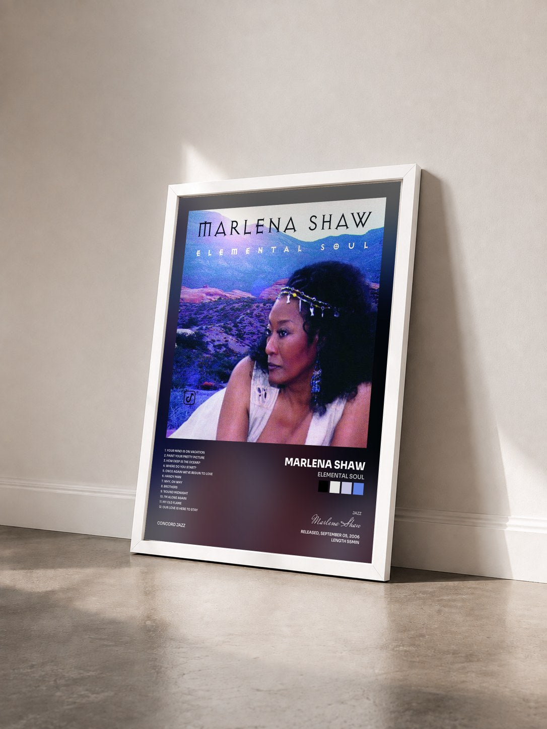 #blanc Tableau de l'album Elemental Soul de Marlena Shaw vu de trois quarts, cadre blanc