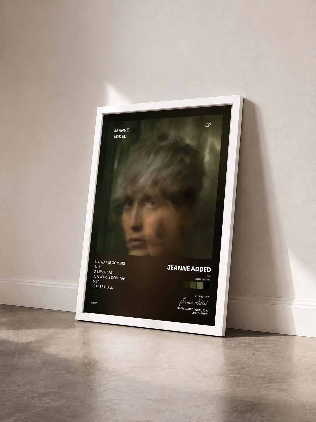#blanc Tableau de l'album EP (Deezer Session) de Jeanne Added vu de trois quarts, cadre blanc