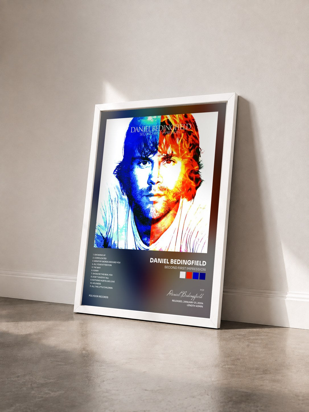 #blanc Tableau de l'album Second First Impression de Daniel Bedingfield vu de trois quarts, cadre blanc