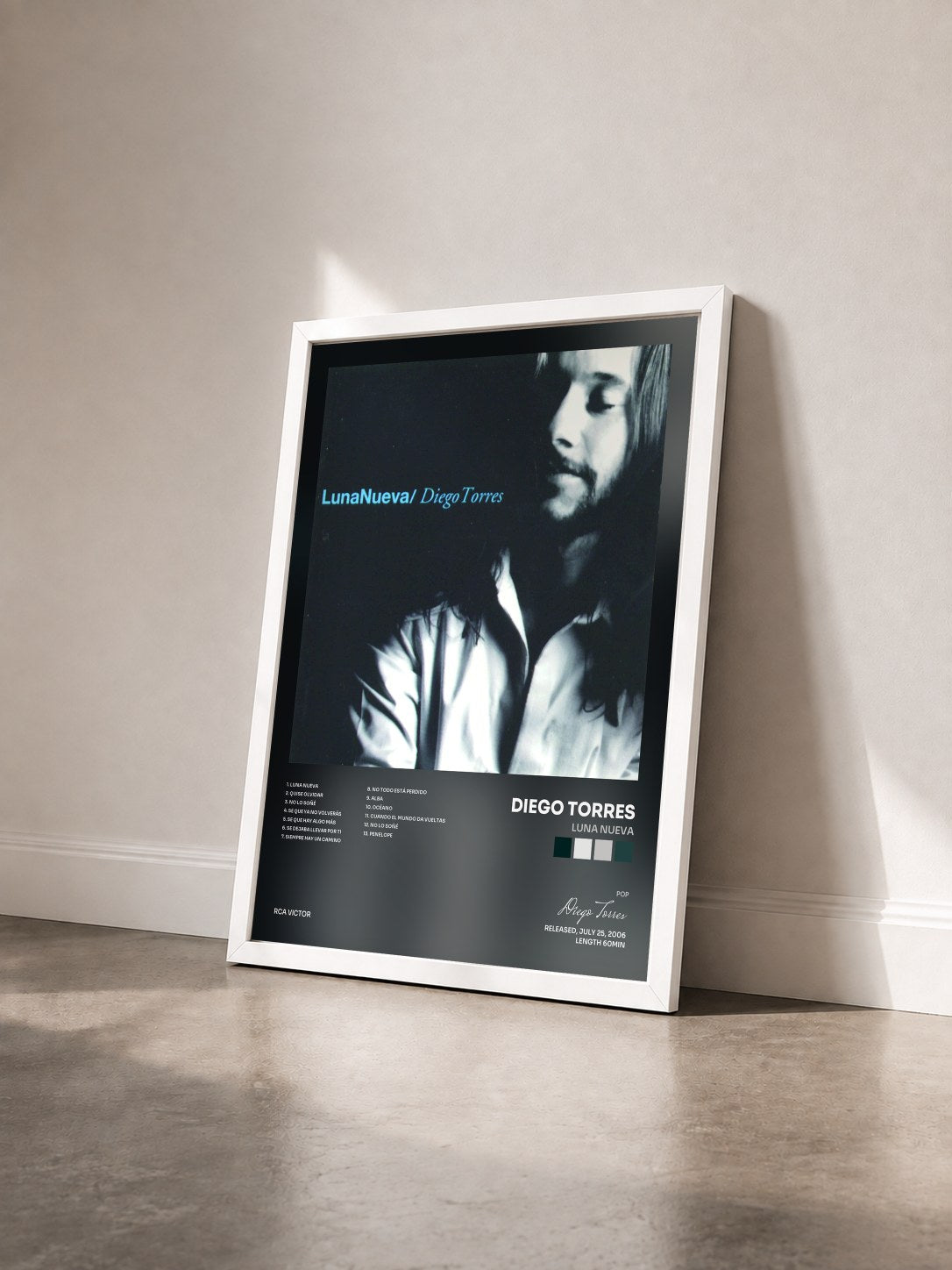 #blanc Tableau de l'album Luna Nueva de Diego Torres vu de trois quarts, cadre blanc