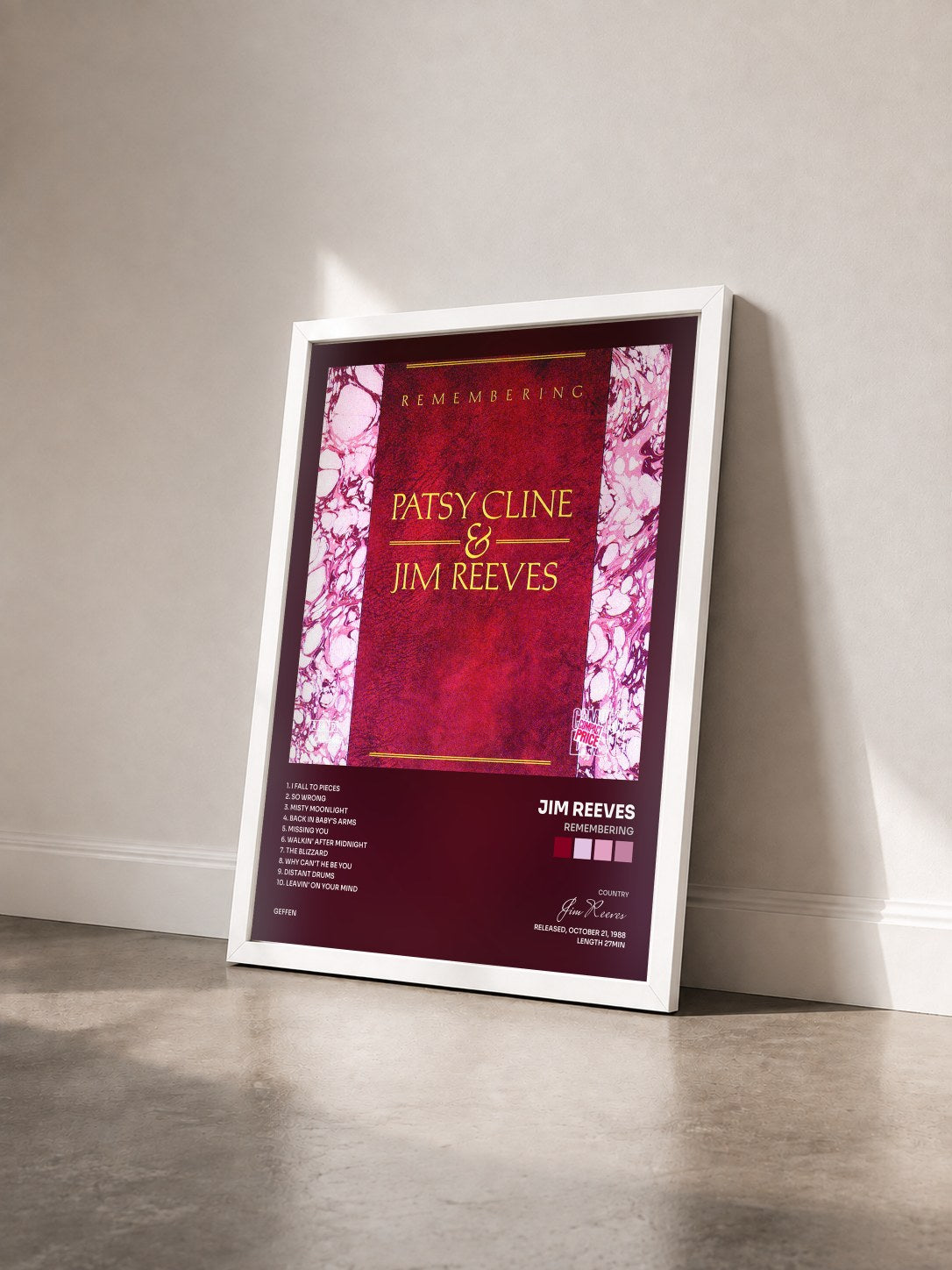 #blanc Tableau de l'album Remembering de Jim Reeves vu de trois quarts, cadre blanc