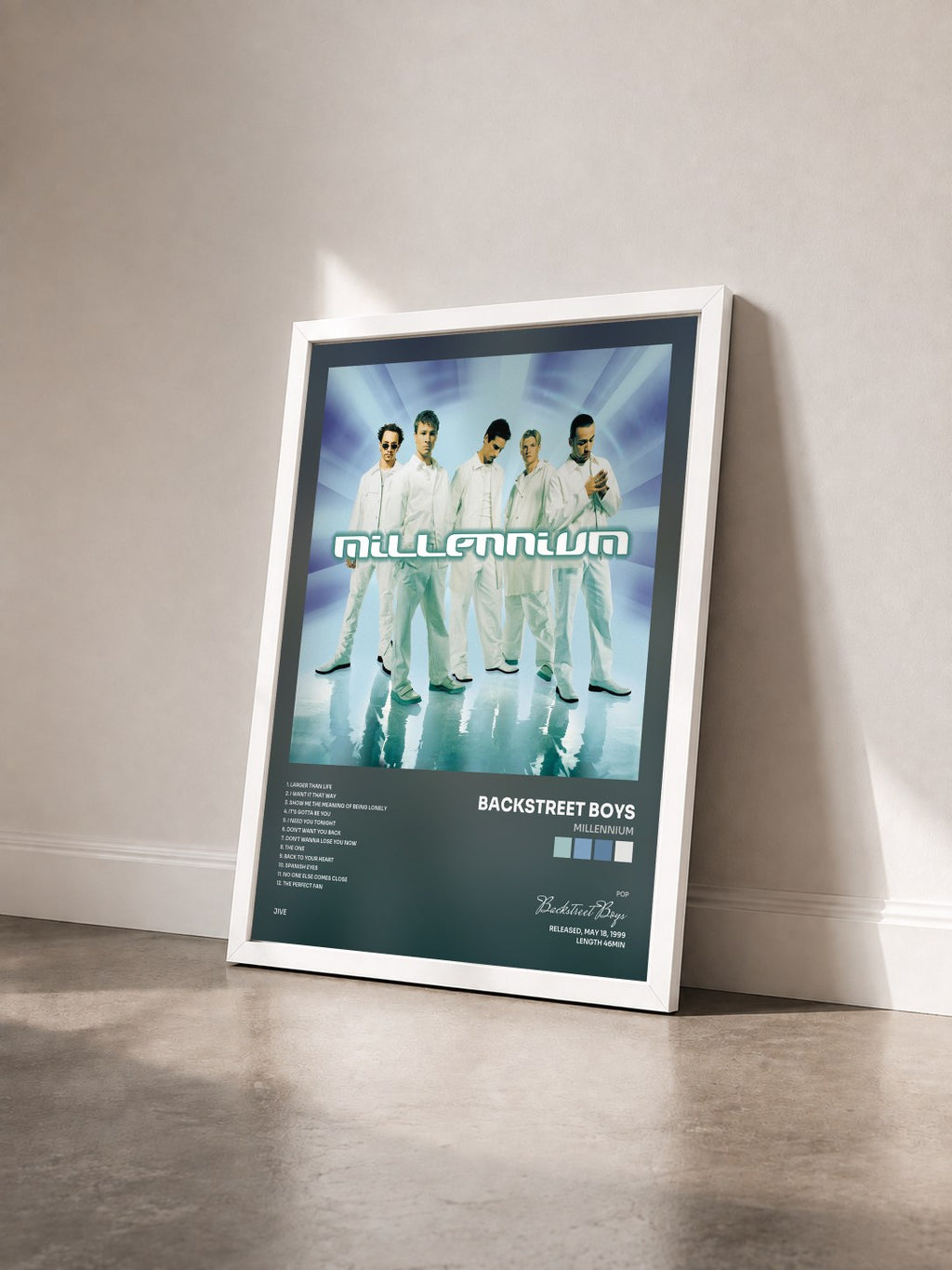 #blanc Tableau de l'album Millennium de Backstreet Boys vu de trois quarts, cadre blanc