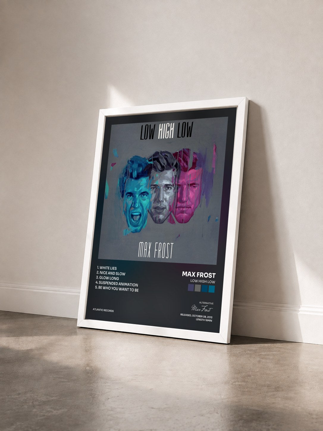 #blanc Tableau de l'album Low High Low de Max Frost vu de trois quarts, cadre blanc