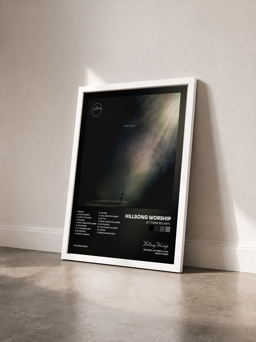 #blanc Tableau de l'album let there be light. de Hillsong Worship vu de trois quarts, cadre blanc