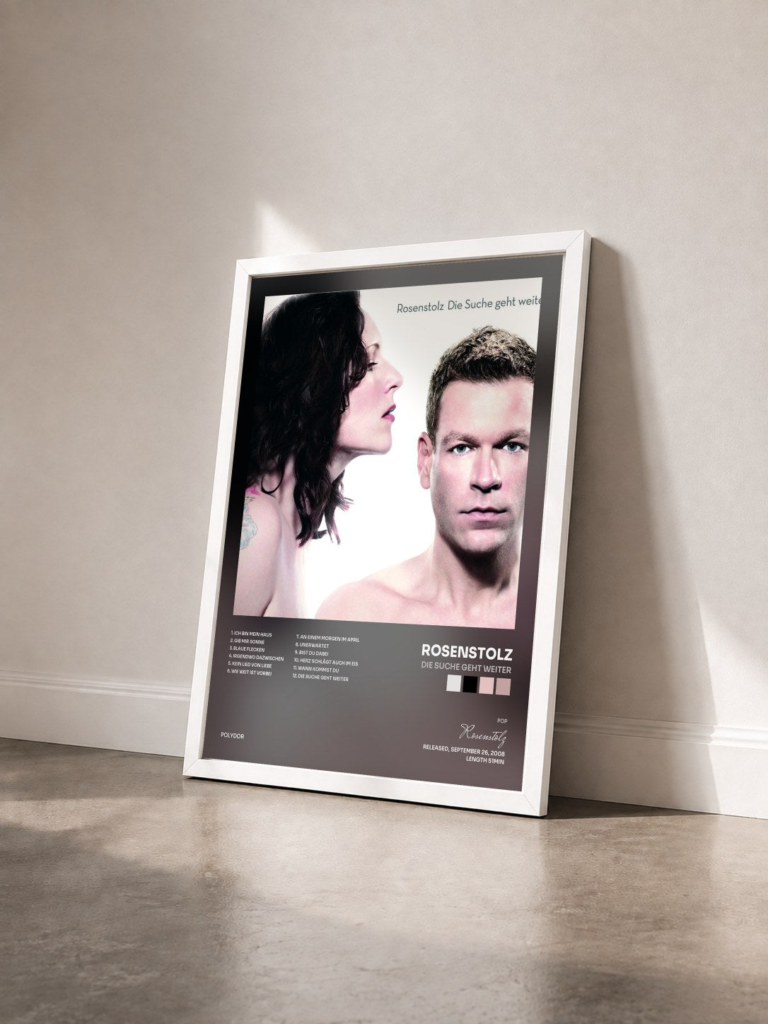 #blanc Tableau de l'album Die Suche geht weiter de Rosenstolz vu de trois quarts, cadre blanc