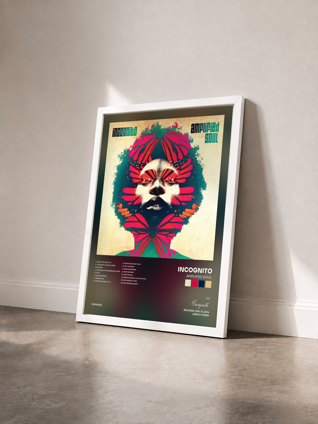 #blanc Tableau de l'album Amplified Soul de Incognito vu de trois quarts, cadre blanc