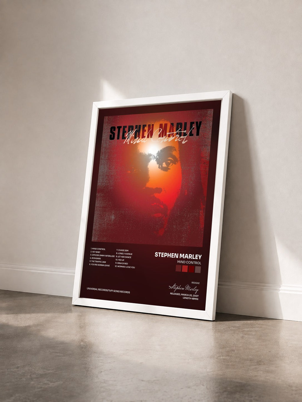 #blanc Tableau de l'album Mind Control de Stephen Marley vu de trois quarts, cadre blanc