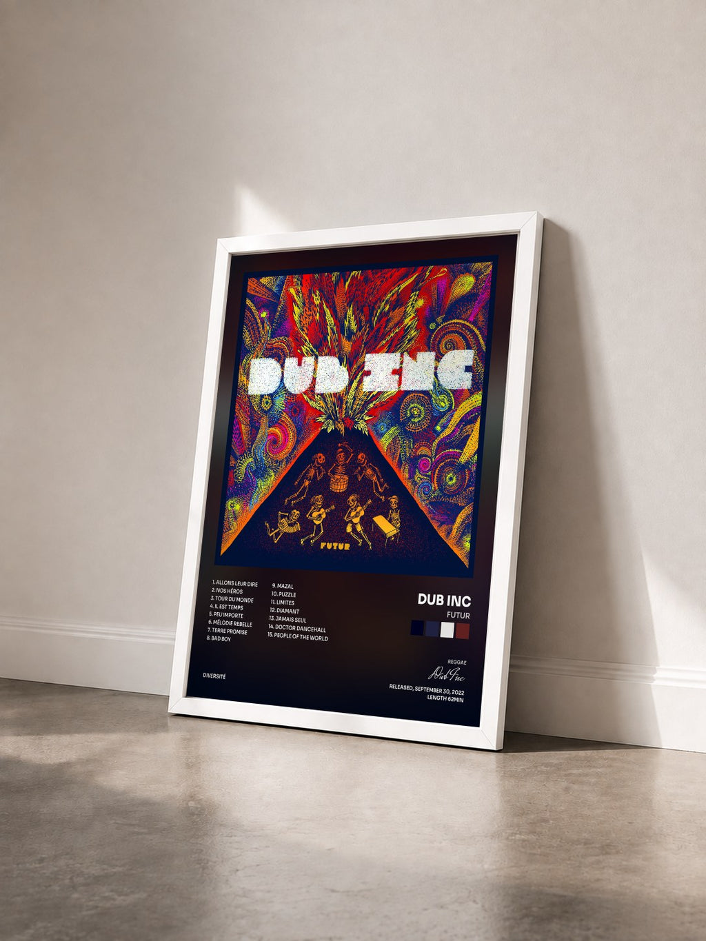 #blanc Tableau de l'album Futur de Dub Inc vu de trois quarts, cadre blanc
