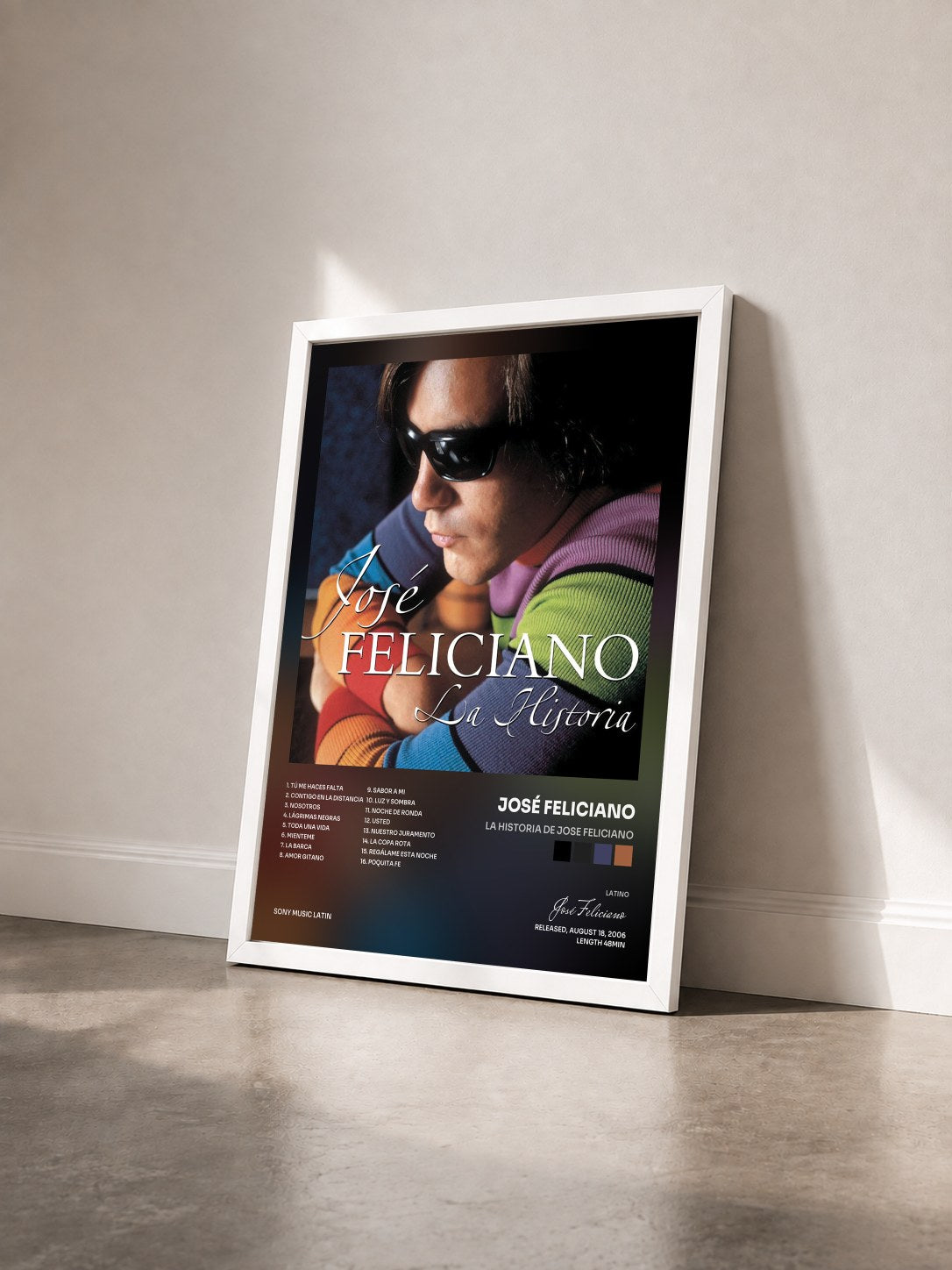 #blanc Tableau de l'album La Historia De Jose Feliciano de José Feliciano vu de trois quarts, cadre blanc