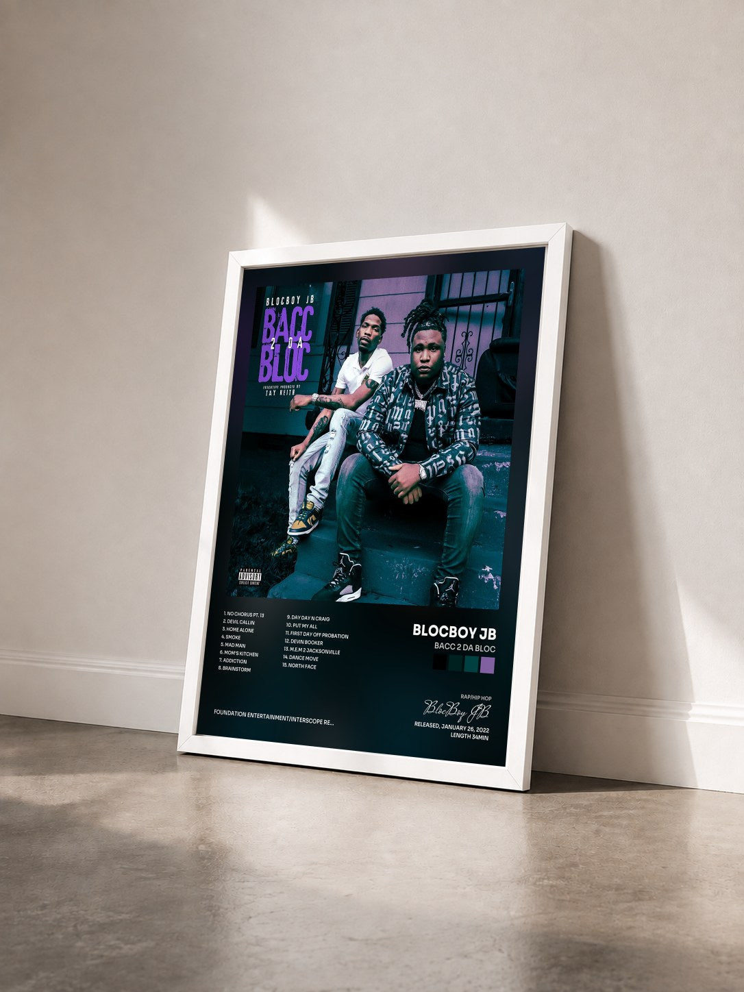 #blanc Tableau de l'album Bacc 2 Da Bloc de BlocBoy JB vu de trois quarts, cadre blanc
