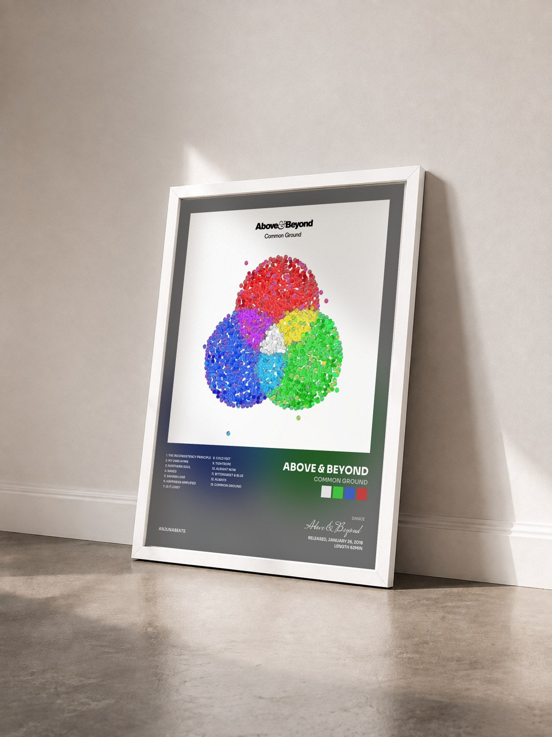 #blanc Tableau de l'album Common Ground de Above & Beyond vu de trois quarts, cadre blanc