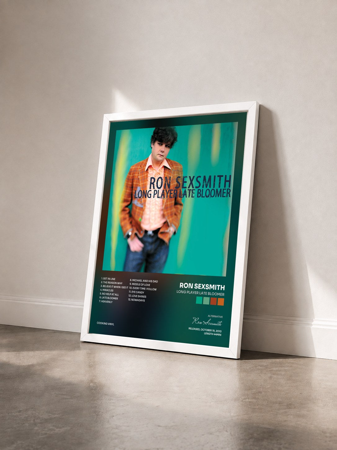 #blanc Tableau de l'album Long Player Late Bloomer de Ron Sexsmith vu de trois quarts, cadre blanc
