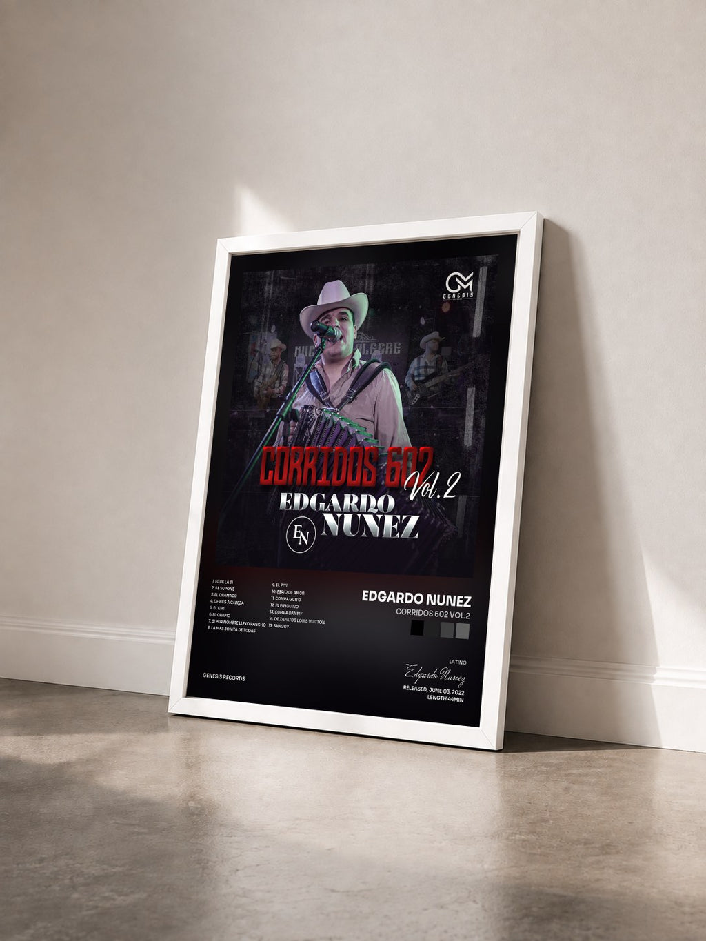 #blanc Tableau de l'album Corridos 602 Vol.2 de Edgardo Nunez vu de trois quarts, cadre blanc