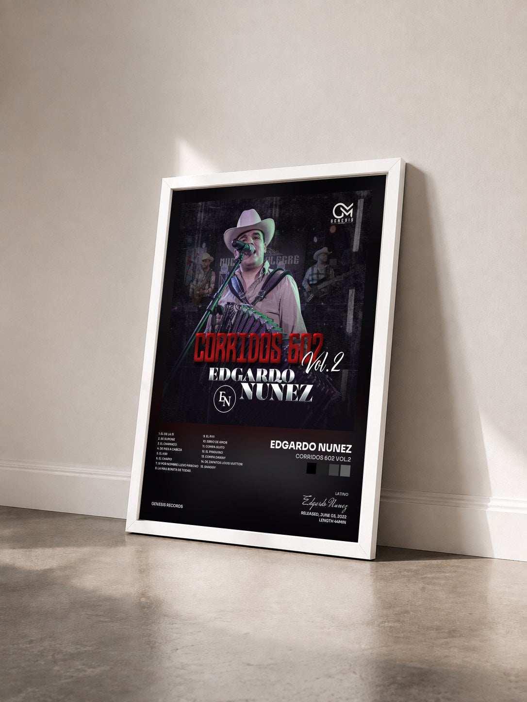 #blanc Tableau de l'album Corridos 602 Vol.2 de Edgardo Nunez vu de trois quarts, cadre blanc