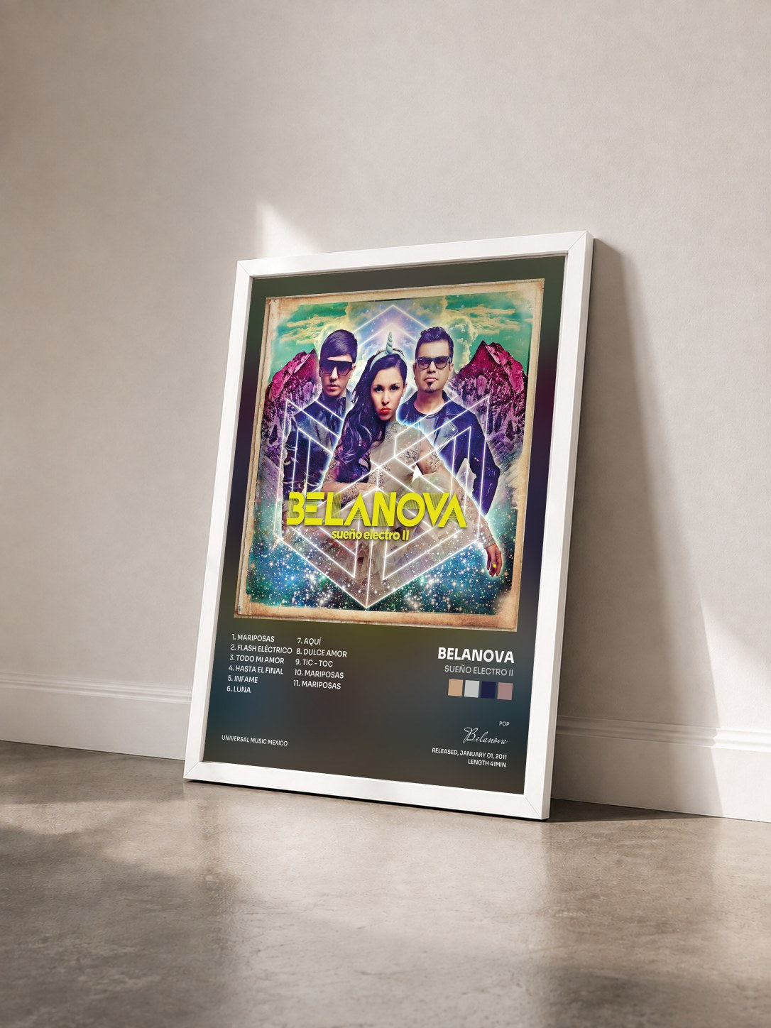 #blanc Tableau de l'album Sueño Electro II de Belanova vu de trois quarts, cadre blanc