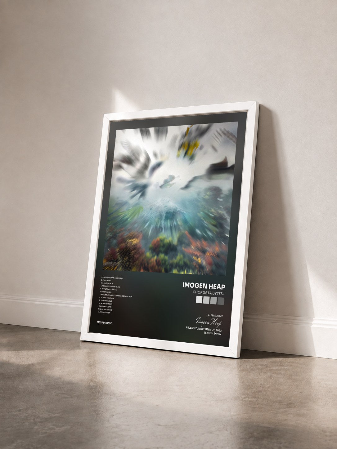 #blanc Tableau de l'album Chordata Bytes I de Imogen Heap vu de trois quarts, cadre blanc