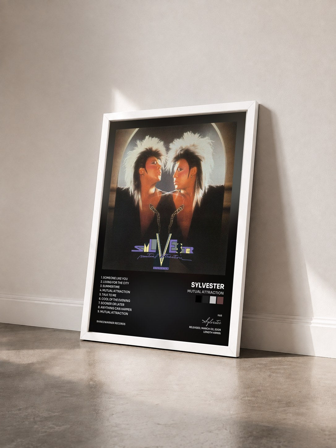 #blanc Tableau de l'album Mutual Attraction de Sylvester vu de trois quarts, cadre blanc