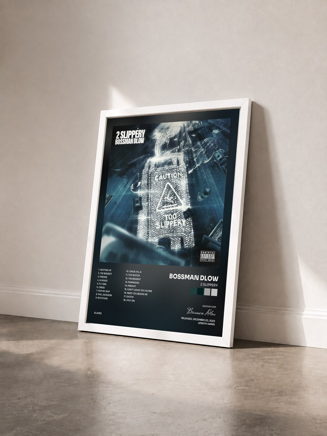 #blanc Tableau de l'album 2 Slippery de Bossman Dlow vu de trois quarts, cadre blanc
