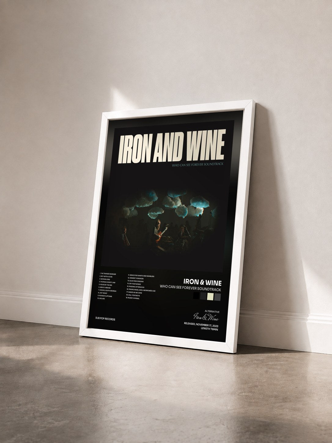 #blanc Tableau de l'album Who Can See Forever Soundtrack de Iron & Wine vu de trois quarts, cadre blanc