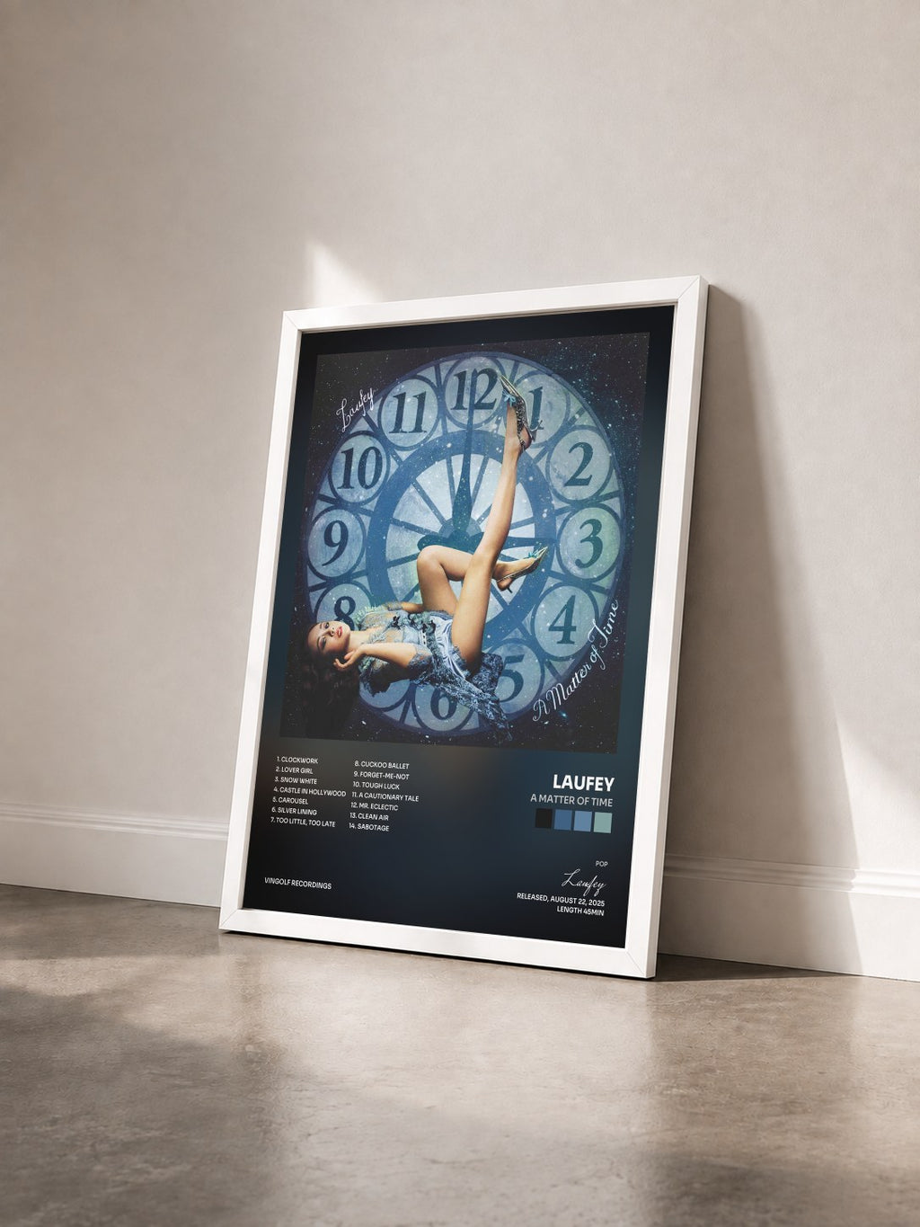 #blanc A Matter of Time by Laufey as a framed art print seen at an angle, white frame