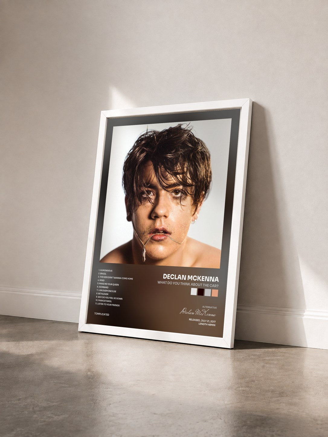 #blanc Tableau de l'album What Do You Think About The Car? de Declan McKenna vu de trois quarts, cadre blanc