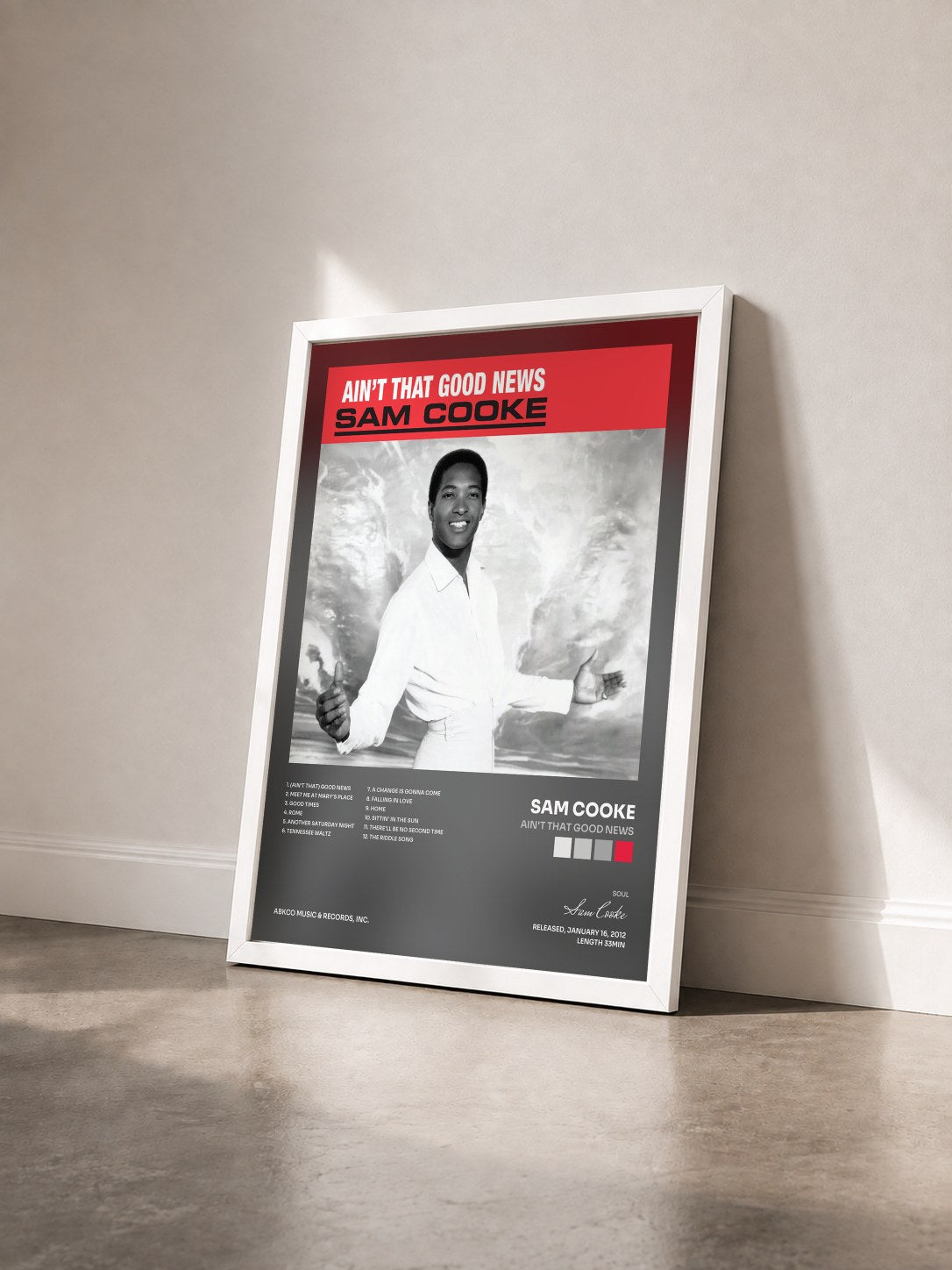#blanc Tableau de l'album Ain't That Good News de Sam Cooke vu de trois quarts, cadre blanc