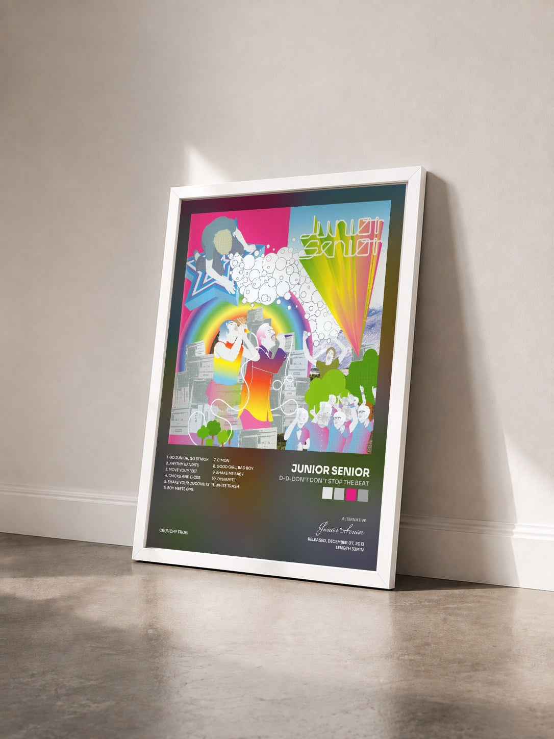 #blanc Tableau de l'album D-D-Don't Don't Stop The Beat de Junior Senior vu de trois quarts, cadre blanc