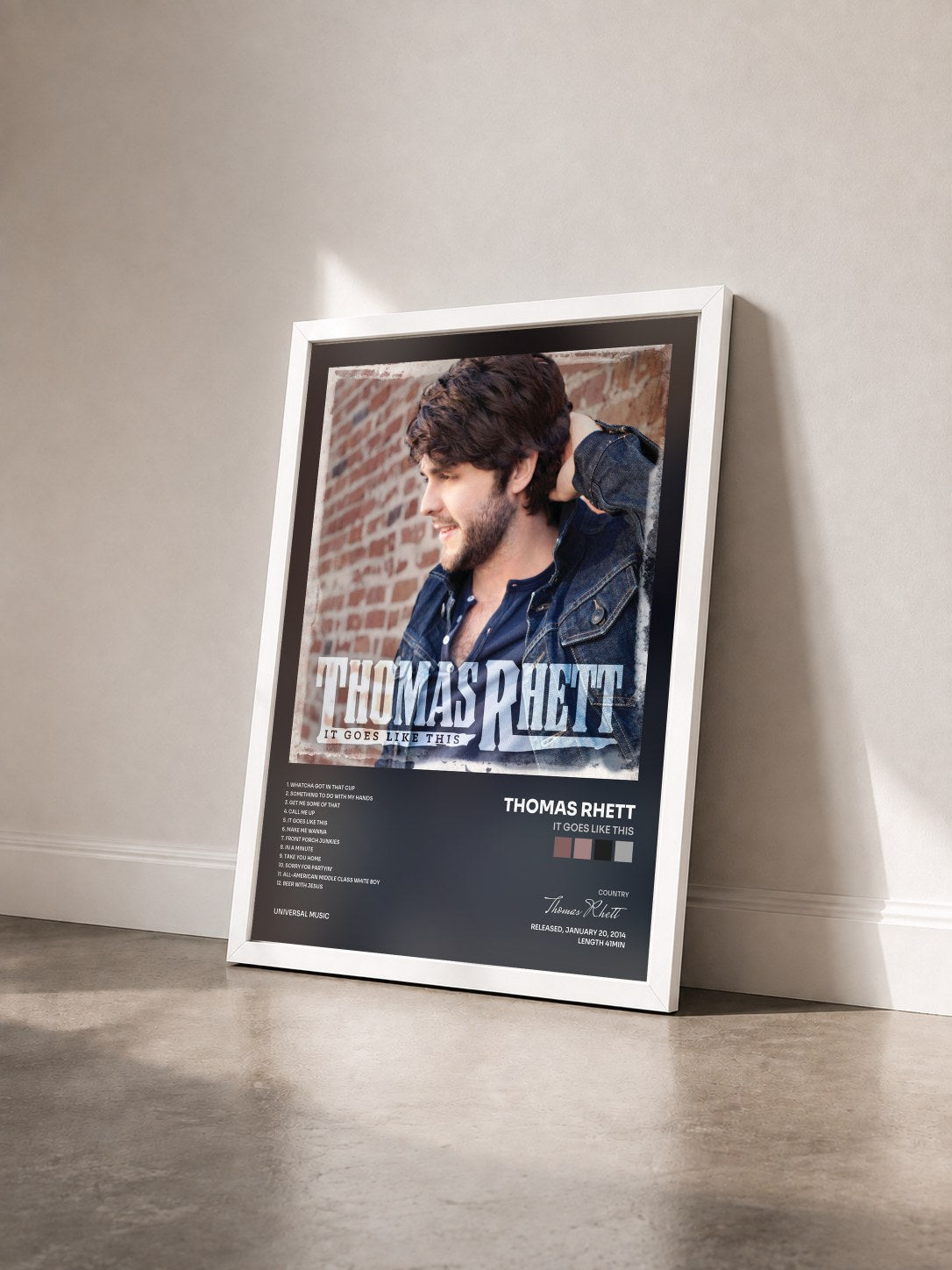 #blanc Tableau de l'album It Goes Like This de Thomas Rhett vu de trois quarts, cadre blanc