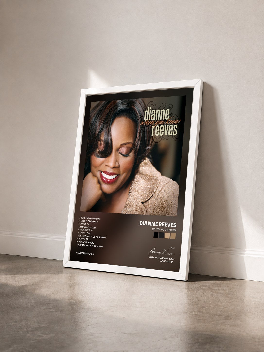 #blanc Tableau de l'album When You Know de Dianne Reeves vu de trois quarts, cadre blanc