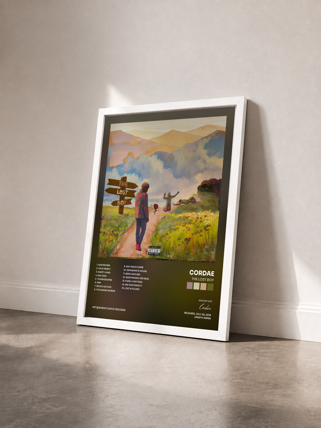 #blanc Tableau de l'album The Lost Boy de Cordae vu de trois quarts, cadre blanc
