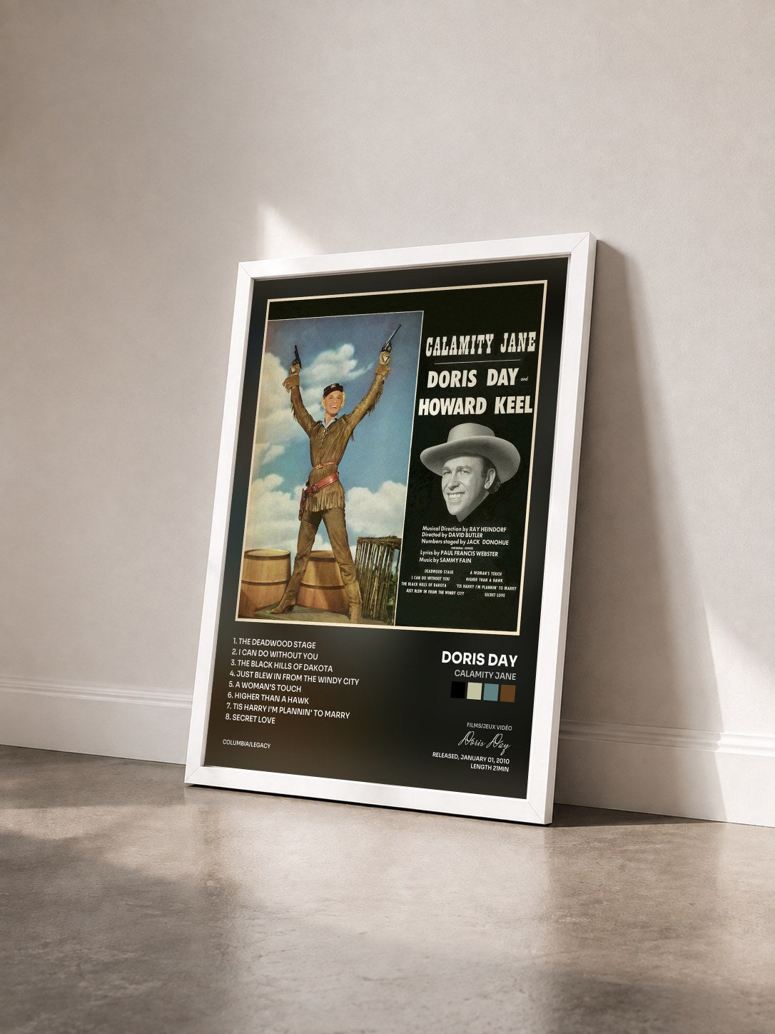 #blanc Tableau de l'album Calamity Jane de Doris Day vu de trois quarts, cadre blanc