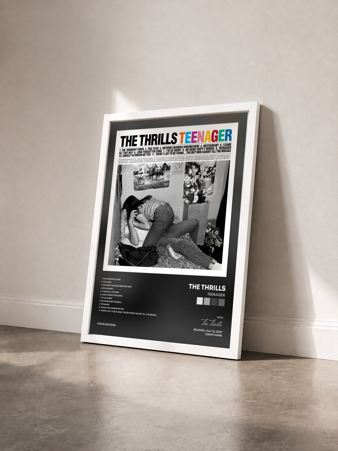 #blanc Tableau de l'album Teenager de The Thrills vu de trois quarts, cadre blanc