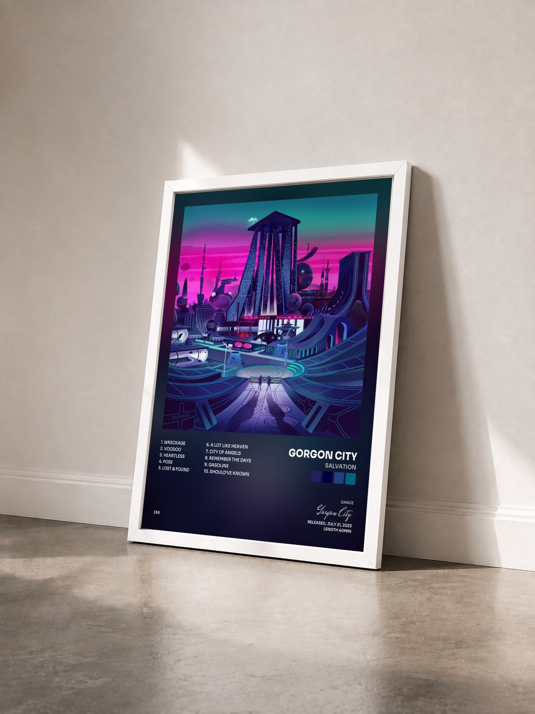 #blanc Tableau de l'album Salvation de Gorgon City vu de trois quarts, cadre blanc