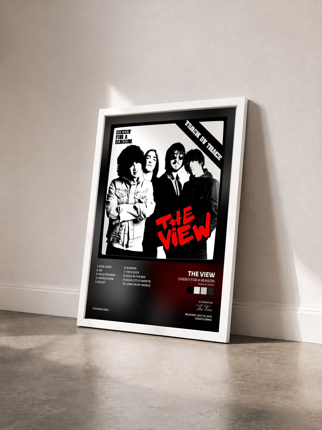 #blanc Tableau de l'album Cheeky for a Reason (Track by Track) de The View vu de trois quarts, cadre blanc