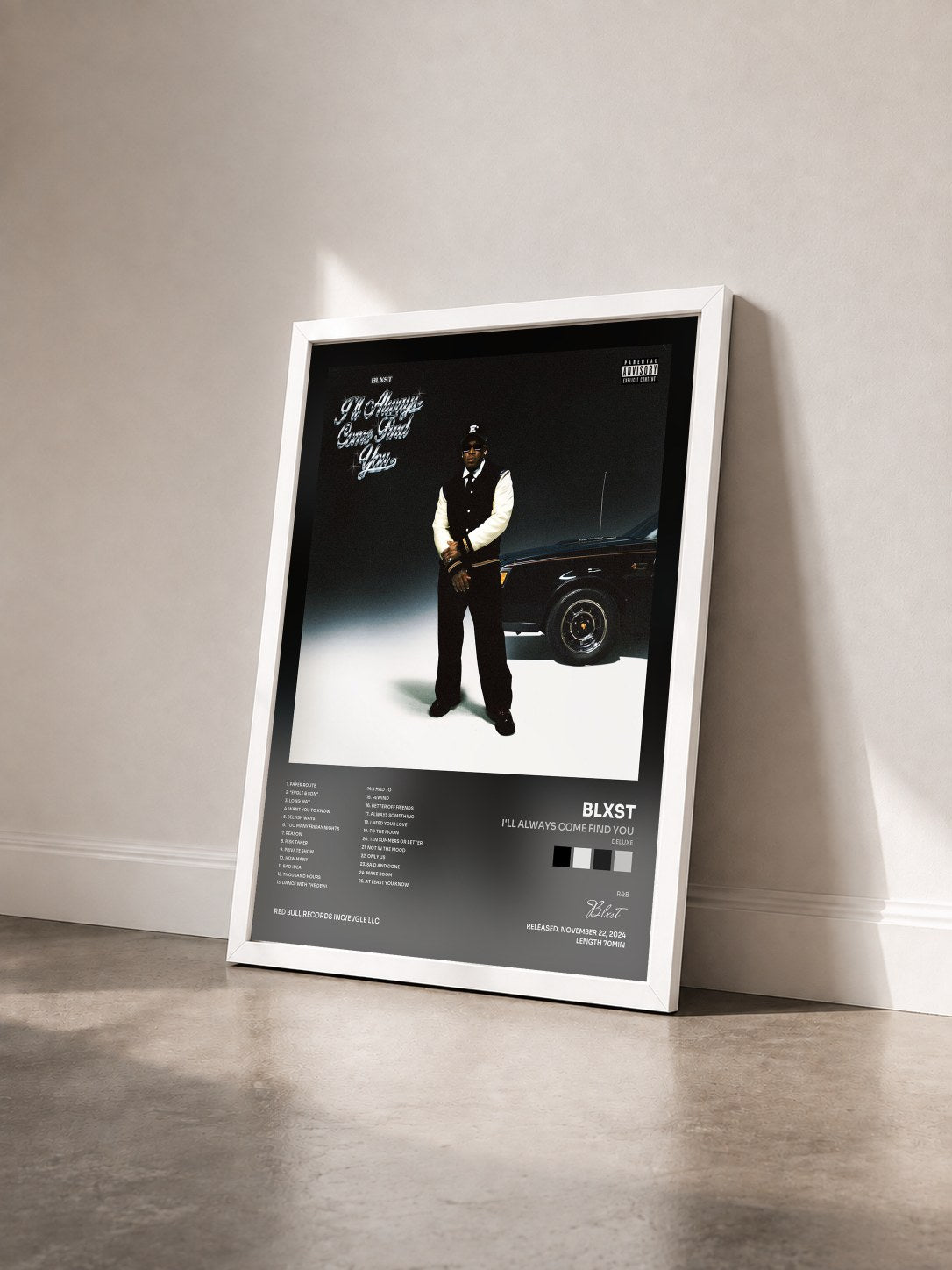 #blanc Tableau de l'album I'll Always Come Find You (Deluxe) de Blxst vu de trois quarts, cadre blanc