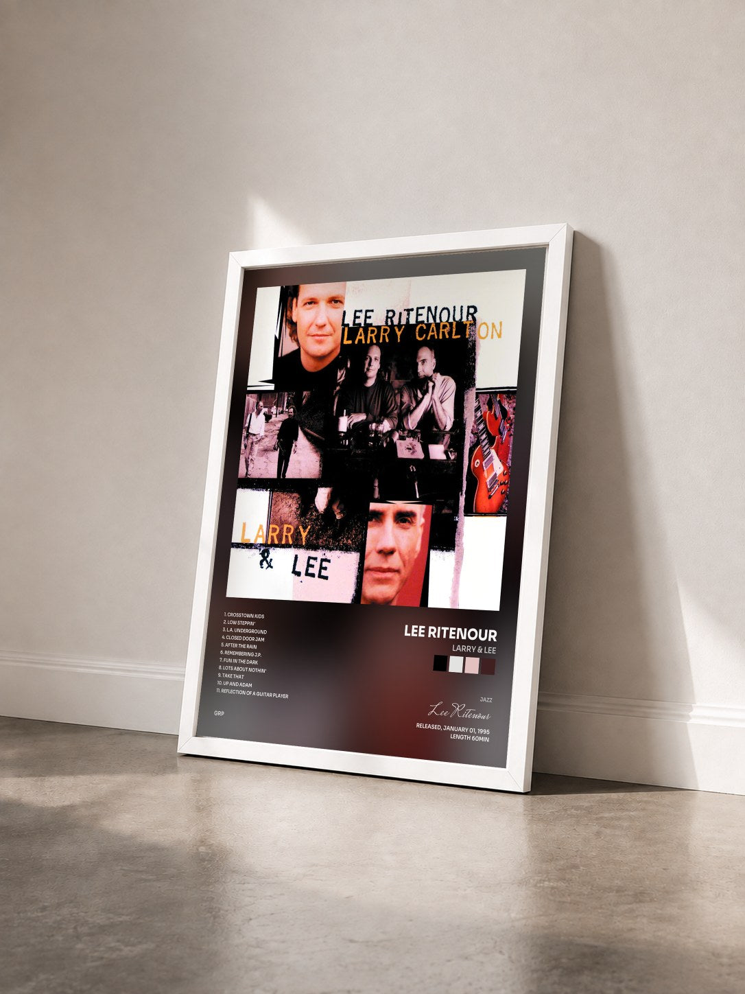 #blanc Tableau de l'album Larry & Lee de Lee Ritenour vu de trois quarts, cadre blanc