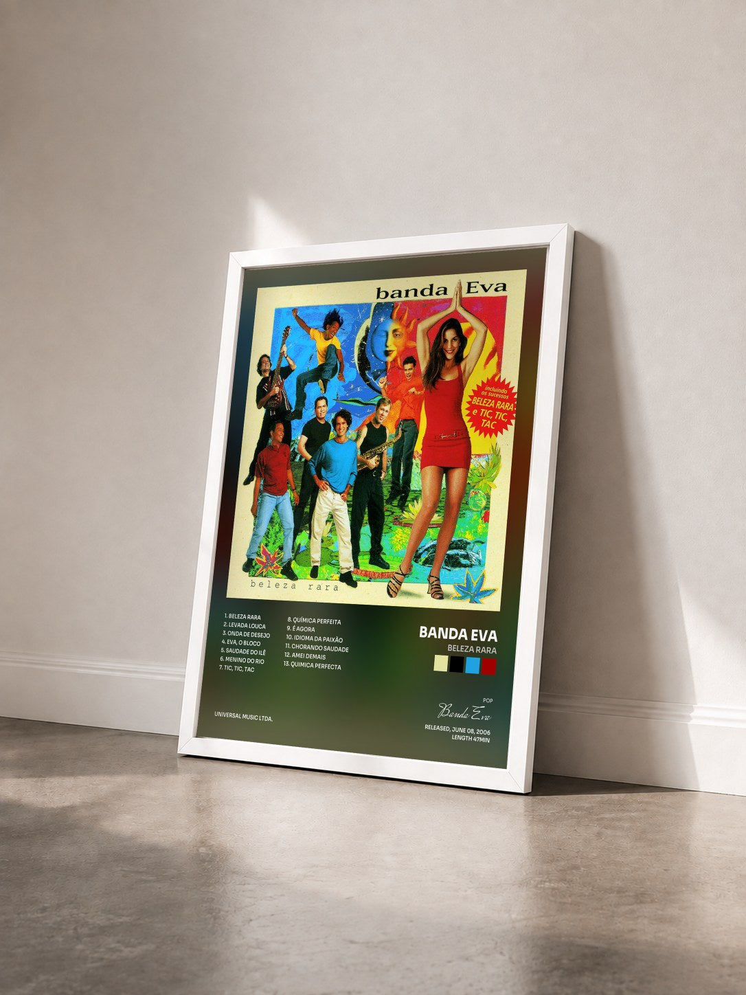 #blanc Tableau de l'album Beleza Rara de Banda Eva vu de trois quarts, cadre blanc