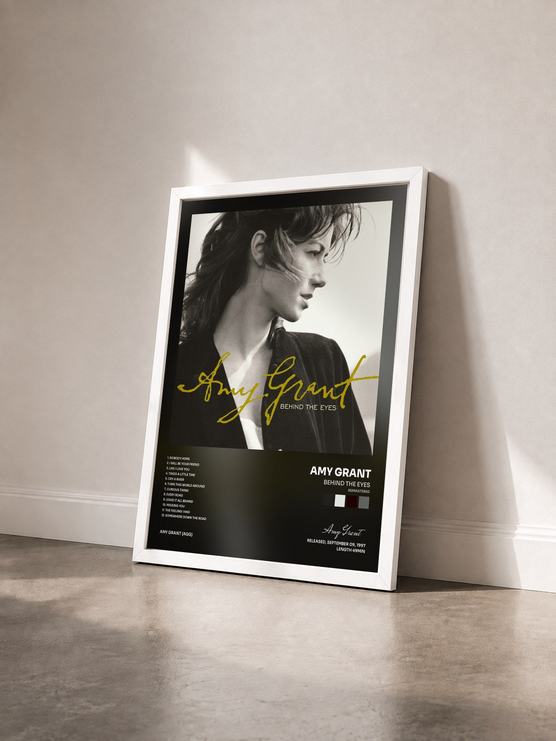 #blanc Tableau de l'album Behind The Eyes (Remastered) de Amy Grant vu de trois quarts, cadre blanc