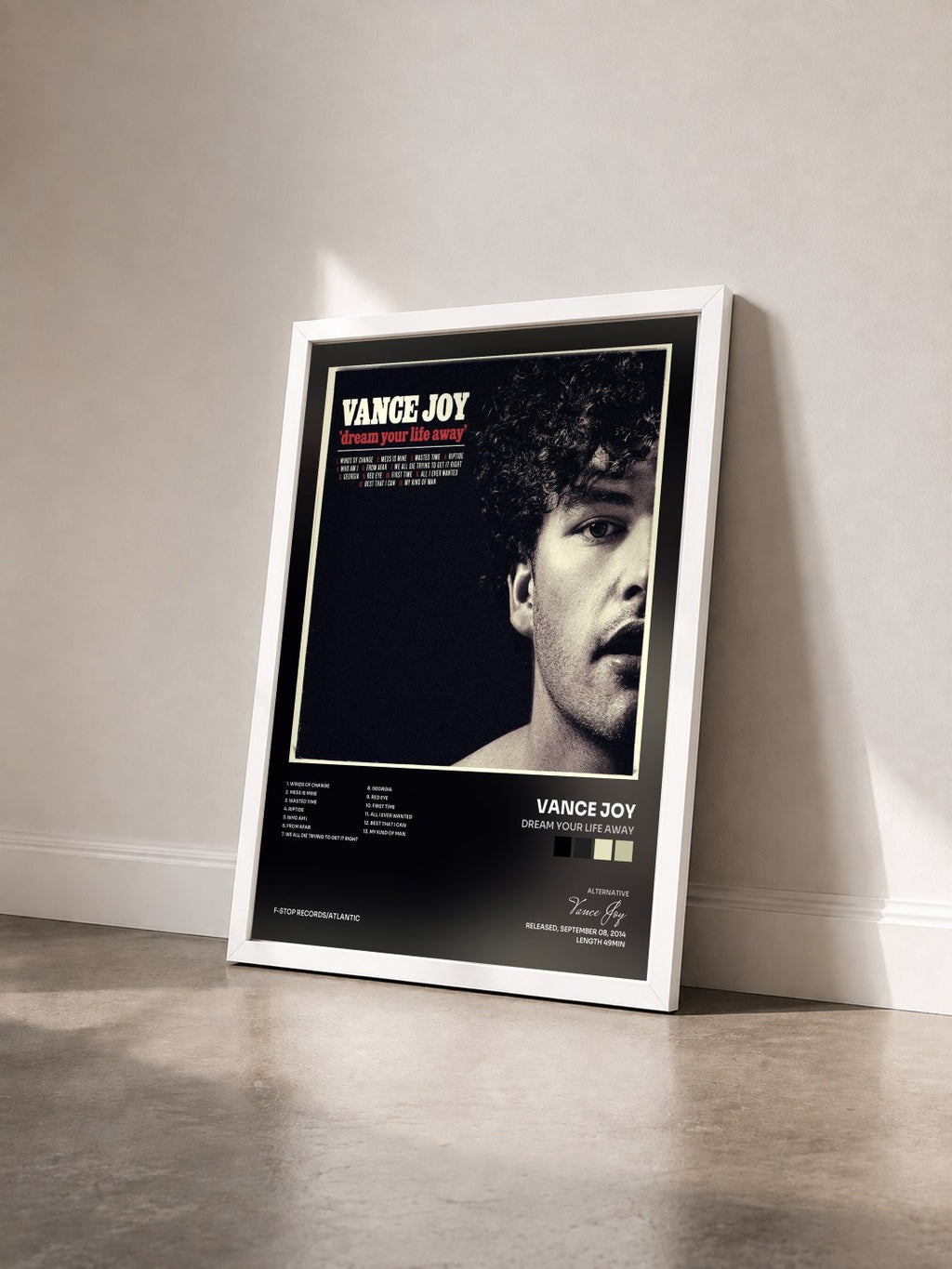 #blanc Dream Your Life Away by Vance Joy as a framed art print seen at an angle, white frame