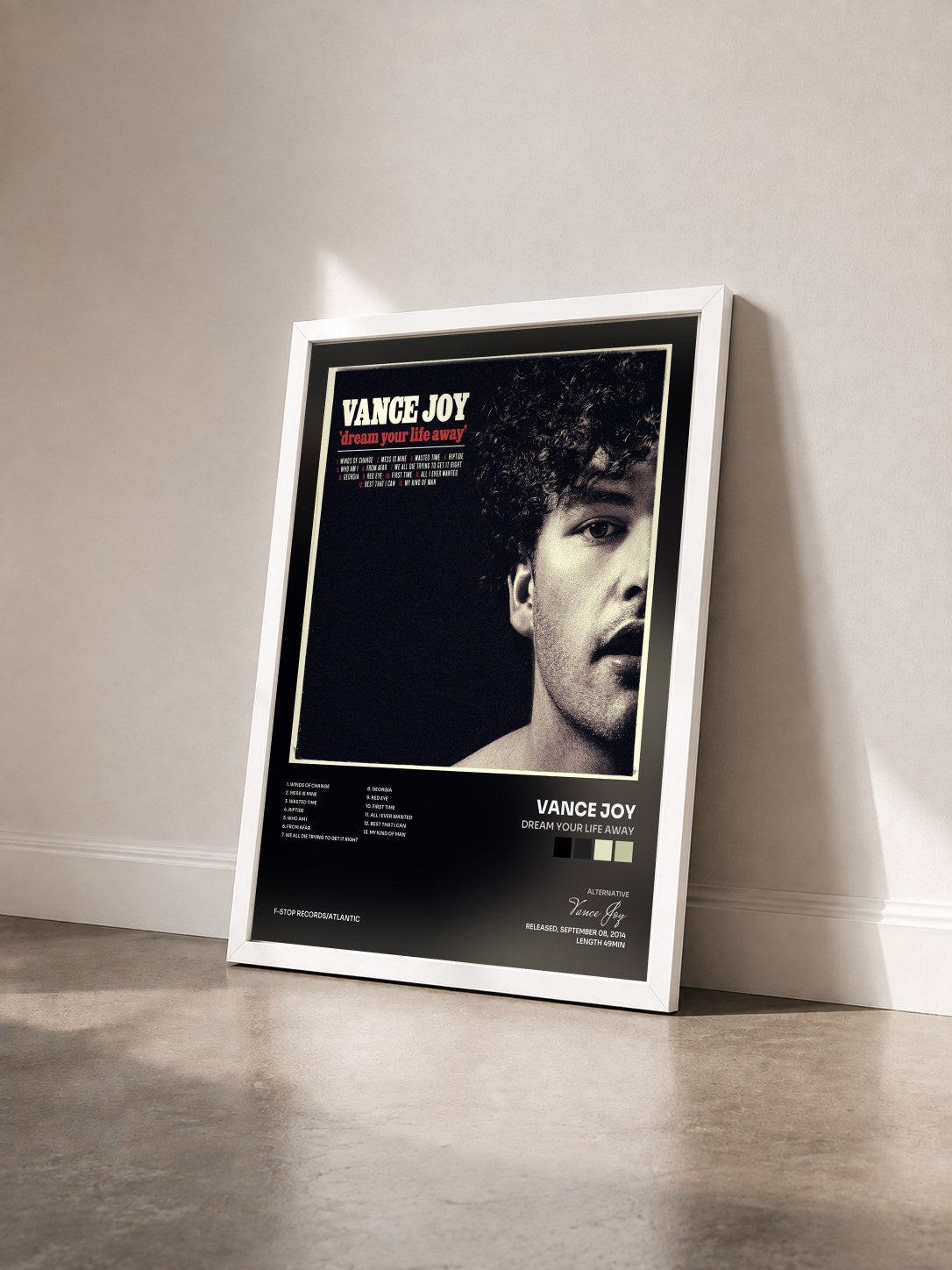#blanc Tableau de l'album Dream Your Life Away de Vance Joy vu de trois quarts, cadre blanc