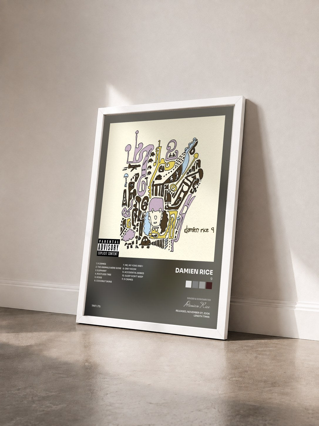 #blanc Tableau de l'album 9 de Damien Rice vu de trois quarts, cadre blanc